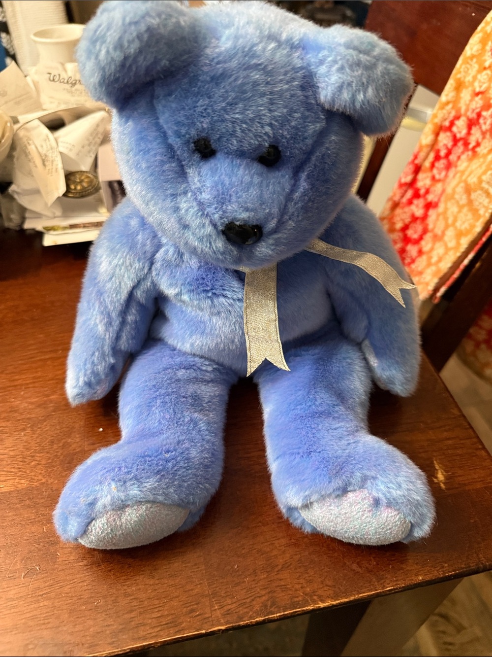 Vintage 1999 Ty Blue Plush Teddy Bear with Silver Ribbon Chunby II